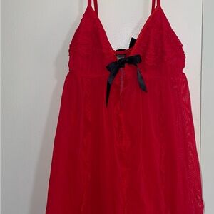 Elegant Red Lace Chemise with Black Bow